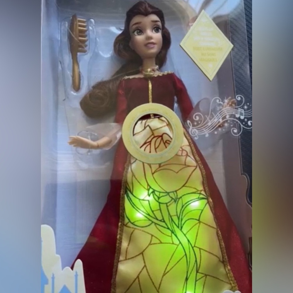 Disney Princess musical Belle Doll with Red and Gold beautiful holiday Dress.